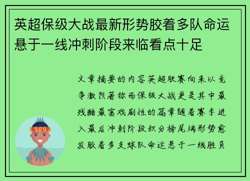 英超保级大战最新形势胶着多队命运悬于一线冲刺阶段来临看点十足 英超保级大战最新形势胶着多队命运悬于一线冲刺阶段来临看点十足